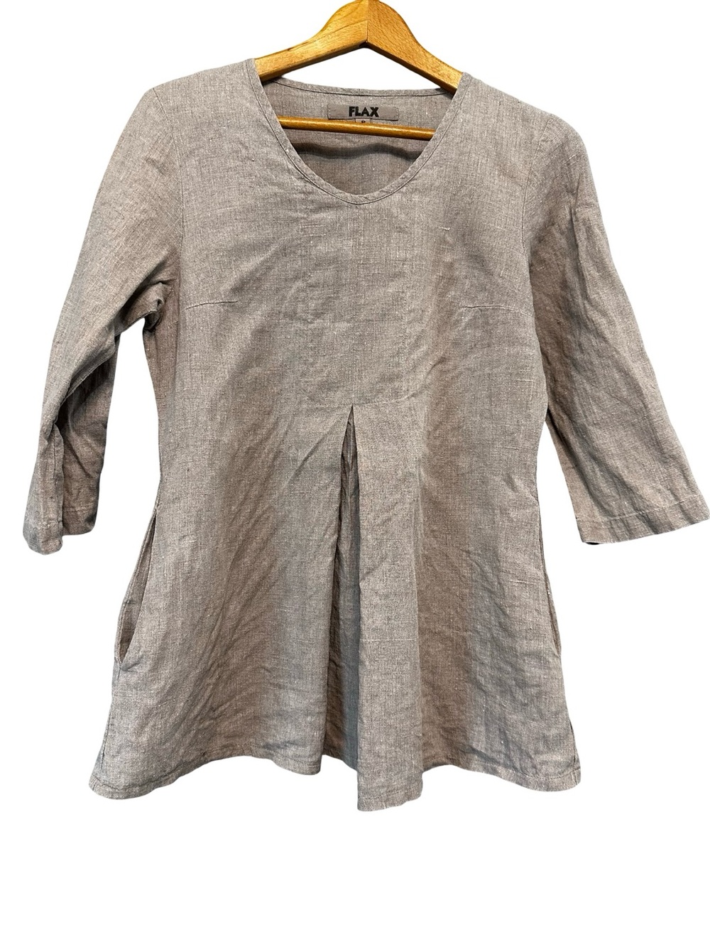 FLAX Gray Linen Tunic Blouse SZ P XS Vneck 3/4 Sleeves Chic Boho Natural Comfy